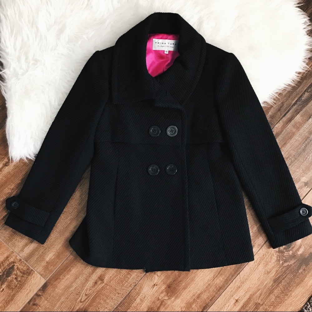 Trina Turk Black Pea Coat with Pink Lining